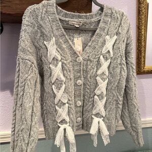 Francesca's Dusty Blue Knit Cardigan with Lace Ribbon Accents